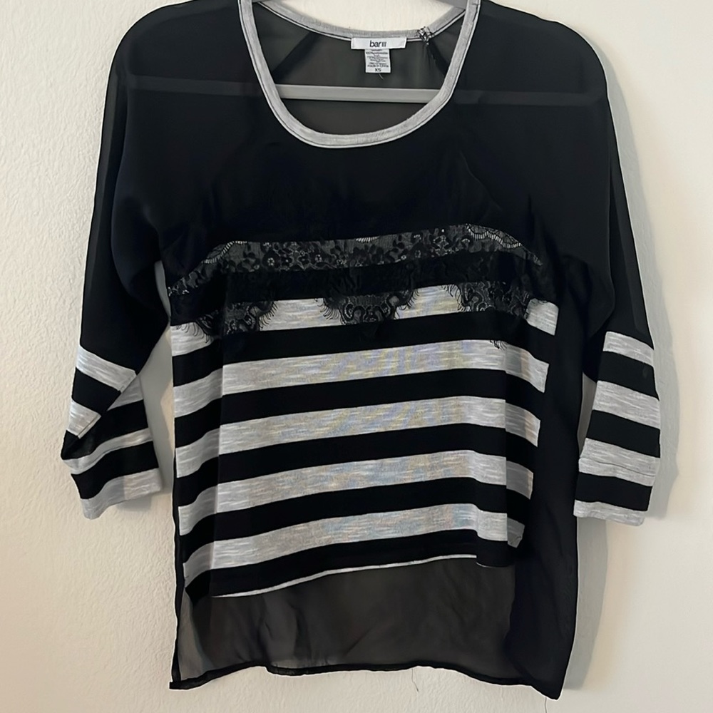 Hi-Lo sheer striped with lace detail.